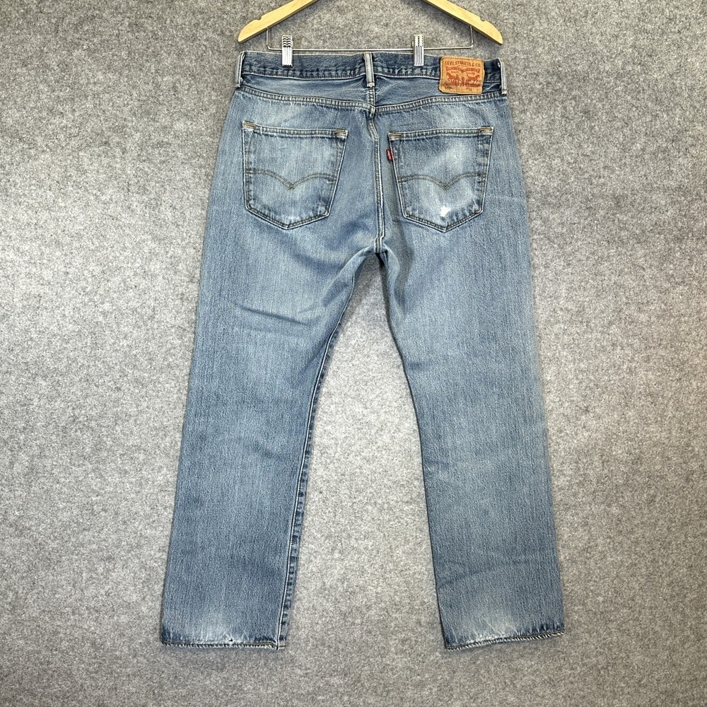 Levis 501 Jeans Mens 36x30 Light Blue Denim Straight Leg Button Fly Distressed - Picture 3 of 11